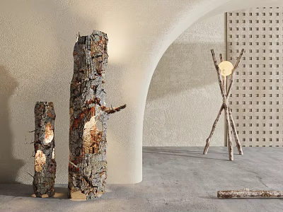 Natural Wood Trunk Floor Lamps With Bark Texture Warm Light In Minimalist Curved Wall Interior 3d model