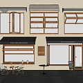 Different Designed Wooden Shop Windows With Awnings Outdoor Chairs Tables And Signboard