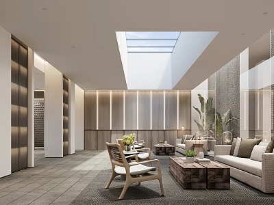 Modern Leisure Space With Skylight Wooden Walls Stone Accents Sofa Coffee Tables And Green Plants 3d model