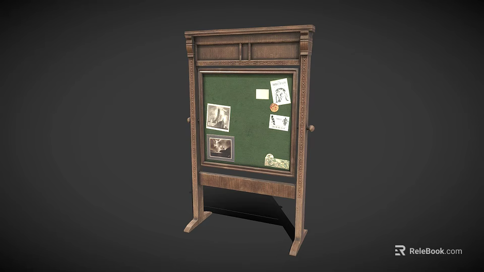 Vintage Wooden Frame Green Bulletin Board with Photos Notes and Stand 3d model 