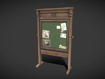 Vintage Wooden Frame Green Bulletin Board with Photos Notes and Stand 3d model
