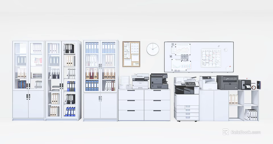White Office Bookcases With Filing Cabinets Printers Wall Charts And Clock Setup 3d model 