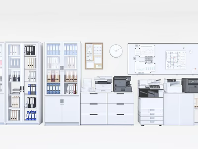 White Office Bookcases With Filing Cabinets Printers Wall Charts And Clock Setup 3d model