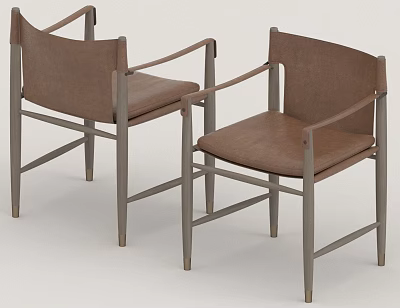 Modern Brown Leather Dining Chairs With Metal Frame And Armrests Design 3d model