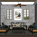 Reception Room Interior With Grey Brick Walls Wooden Beam Ceiling And Landscape Paintings