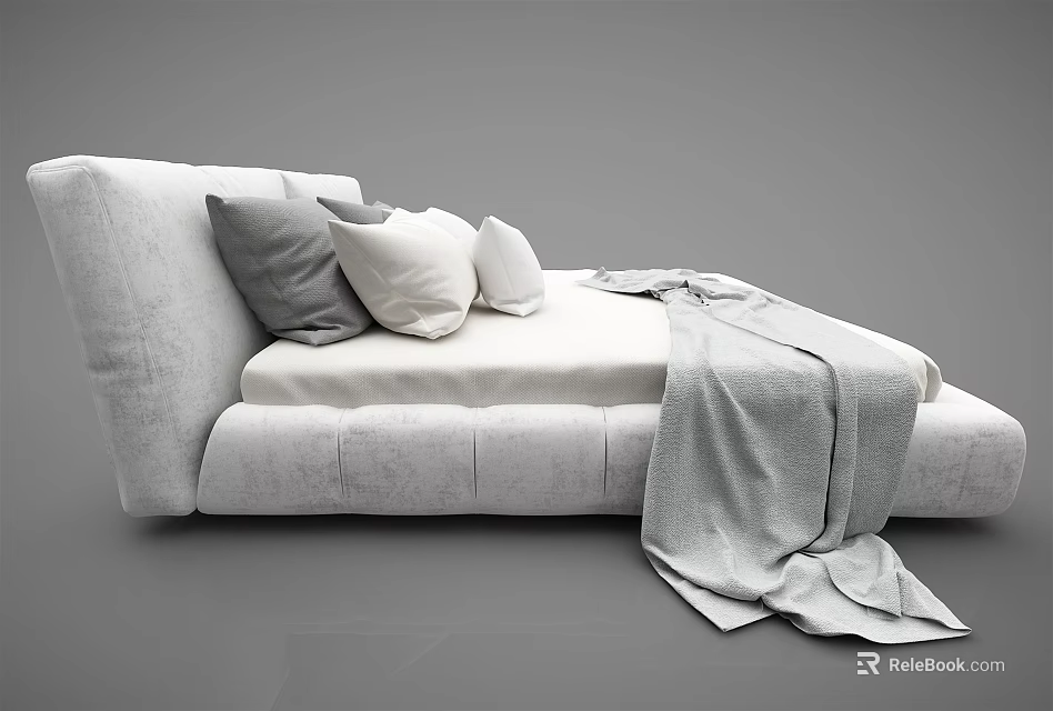 Elegant Modern Light Gray Double Bed with Soft Pillows and Cozy Throw Blanket 3d model 