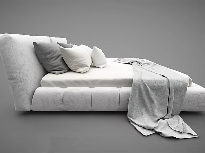 Elegant Modern Light Gray Double Bed with Soft Pillows and Cozy Throw Blanket 3d model