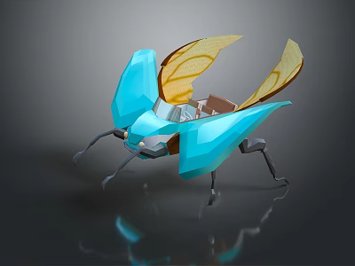 Blue Insect Model With Yellow Transparent Wings And Mechanical Design On Dark Reflective Surface 3d model