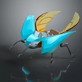 Blue Insect Model With Yellow Transparent Wings And Mechanical Design On Dark Reflective Surface