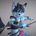 Anthropomorphic Blue Wolf Warrior Holding Sword And Shield In Battle Stance With Pink Skirt