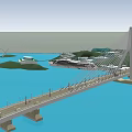 Modern Cable Stayed Bridge Spanning Blue Water With Green Hills And Architectural Structures