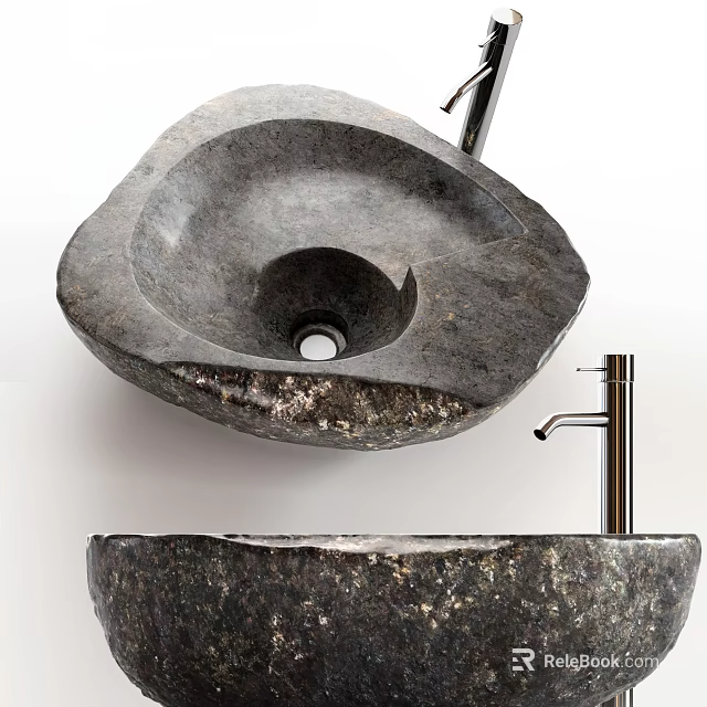 Natural Stone Washbasin With Organic Shape And Chrome Faucet In Modern Bathroom 3d model 