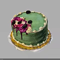 Green Frosted Cake Featuring Pink Decorations Black Berries White Piped Edges and Yellow Bottom Trim