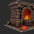 Cartoon Style Stone Fireplace Scene With Burning Flames And Red Decorations