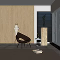 Modern Interior Decorative Ornament Set With Sculpture On Marble Pedestal And Wooden Wall Backdrop