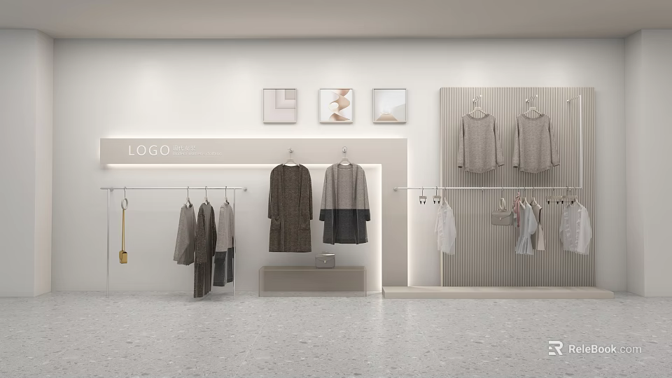 Contemporary Clothing Store Display With Hanging Tops Pants Wall Art And Various Fashion Styles 3d model 