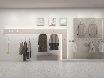 Contemporary Clothing Store Display With Hanging Tops Pants Wall Art And Various Fashion Styles 3d model