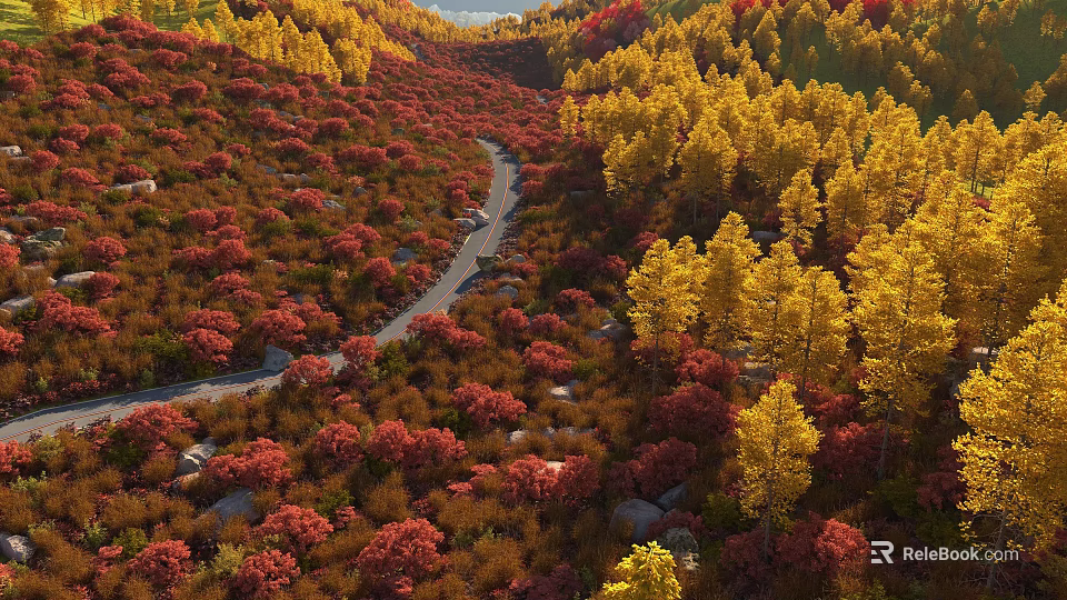 Beautiful Winding Mountain Road Leads Through Vibrant Red And Golden Autumn Forest Natural Scenery 3d model 