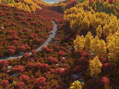 Beautiful Winding Mountain Road Leads Through Vibrant Red And Golden Autumn Forest Natural Scenery 3d model