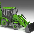 Green Compact Utility Vehicle With Enclosed Cab Front Loader Bucket And Backhoe Arm 3d model