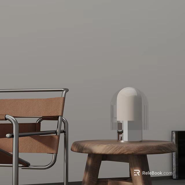 Modern Table Lamp On Wooden Side Table With Brown Leather Chair And Gray Wall 3d model 