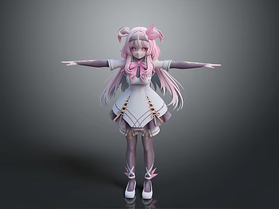 Anime Style Pink Hair Character With Bows White Purple Frilly Dress And Small Magical Creature 3d model