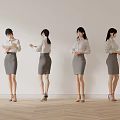 Professional Women In White Shirts And Gray Skirts Standing At Different Angles Against White Background
