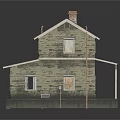 Two Story Wooden House With Stone Exterior Dark Green Roof White Windows And Chimney
