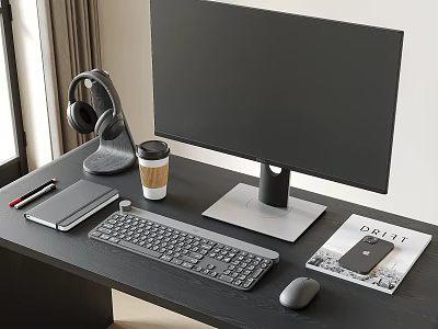 DELL Computer Monitor With Keyboard Mouse Headphones On Modern Desk Setup 3d model