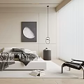 Modern Minimalist Bedroom Interior With White Platform Bed Moon Art And Vertical Blinds