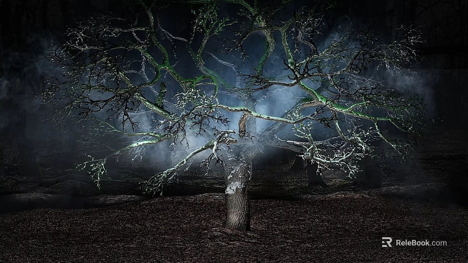 Cartoon Scene With Withered Tree Broken Trunk Green Light On Branches And Misty Dark Soil 3d model 
