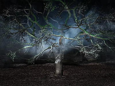 Cartoon Scene With Withered Tree Broken Trunk Green Light On Branches And Misty Dark Soil 3d model