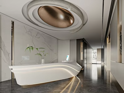 Modern Luxury Curved White Reception Desk With Marble Wall And Green Plant 3d model