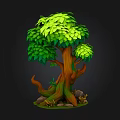 Cartoon Style Arbor With Vibrant Green Leaves Twisted Brown Trunk And Rocks