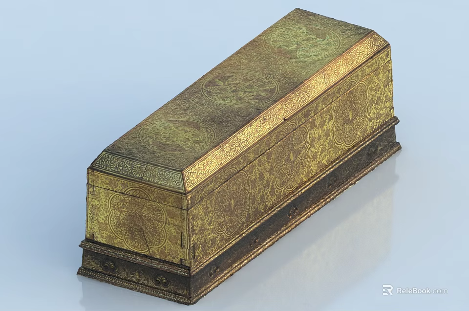 Decorative Golden Antique Box With Intricate Carved Patterns And Ornate Design 3d model 