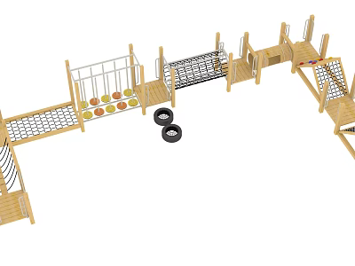 Wooden Outdoor Playground Equipment for Kids with Climbing Net and Platforms 3d model