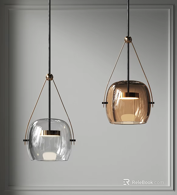 Stylish Modern Pendant Lights With Transparent And Amber Glass Shades And Metal Frames 3d model 