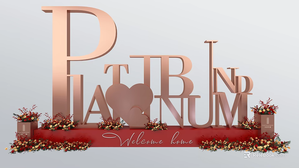 Rose Gold 3D Letters Design With Platinum Bond Text Heart Shape And Red Floral Garland 3d model 