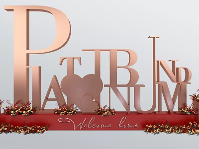 Rose Gold 3D Letters Design With Platinum Bond Text Heart Shape And Red Floral Garland 3d model