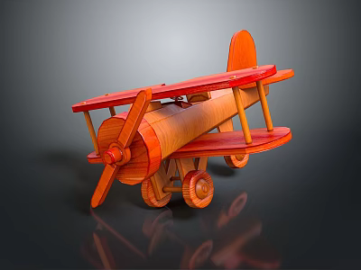 Wooden Biplane Model With Orange Brown Color Propeller And Wheels On Dark Background With Reflections 3d model