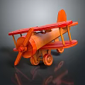Wooden Biplane Model With Orange Brown Color Propeller And Wheels On Dark Background With Reflections