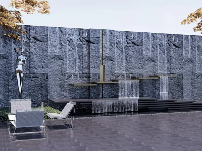 Garden Courtyard With Stone Wall Waterfall Sculpture And Outdoor Chairs 3d model