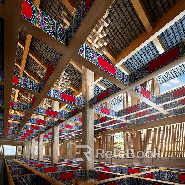 New Chinese style club hotel club wooden beam structure bucket arch painted atrium building model