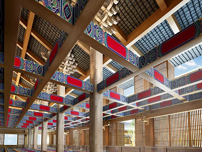 Traditional Chinese Clubhouse Interior With Wooden Beams Colorful Ceiling Decor And Lattice Windows 3d model