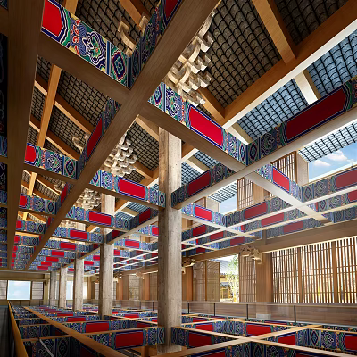 Traditional Chinese Clubhouse Interior With Wooden Beams Colorful Ceiling Decor And Lattice Windows 3d model