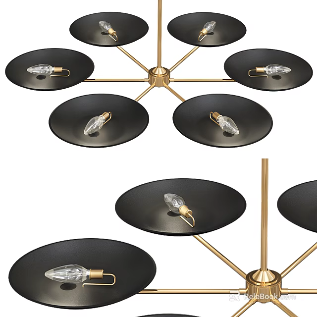 Modern Multi Arm Black Chandelier with Golden Frame and Transparent Bulbs 3d model 