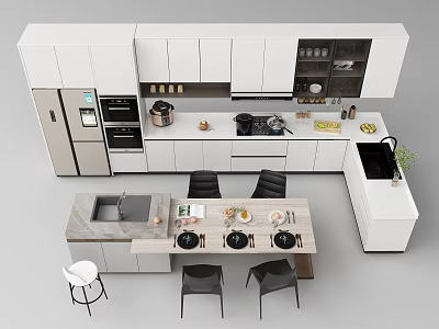 Modern Kitchen With White Cabinets Island Countertop Dining Table And Appliances 3d model