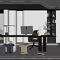 Modern Home Office Interior With Desk Computer Chair Bookshelf And Potted Plant