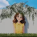 Cheerful Girl in Yellow Blouse Under White Flowering Vines Against White Wall With Green Grass