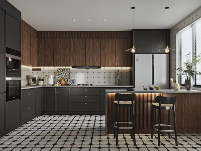Sleek Modern Kitchen Interior With Dark Wooden Cabinets Island Counter And Bar Stools 3d model